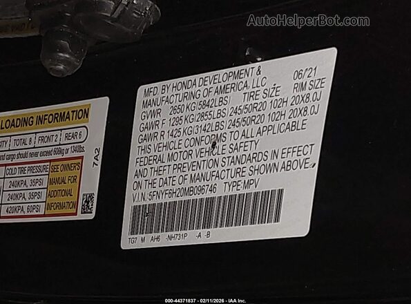 5FNYF6H20MB096746 2021 HONDA PILOT Black Շարժիչի բաժամունքի տեսք