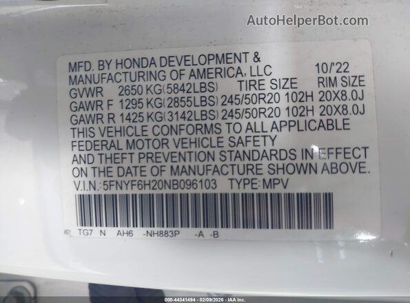 5FNYF6H20NB096103 2022 HONDA PILOT White ძრავის განყოფილების ხედი
