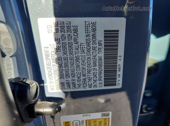 5FNYF6H2XNB093841 2022 HONDA PILOT Silver Вид наклейки з VIN-кодом
