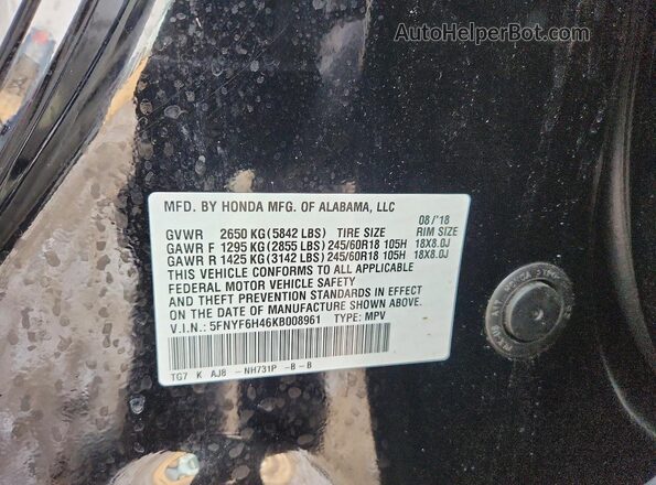 5FNYF6H46KB008961 2019 HONDA PILOT Black 