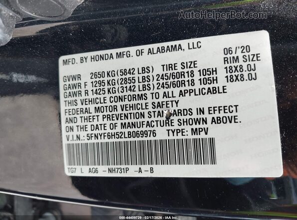 5FNYF6H52LB069976 2020 HONDA PILOT Black ძრავის განყოფილების ხედი