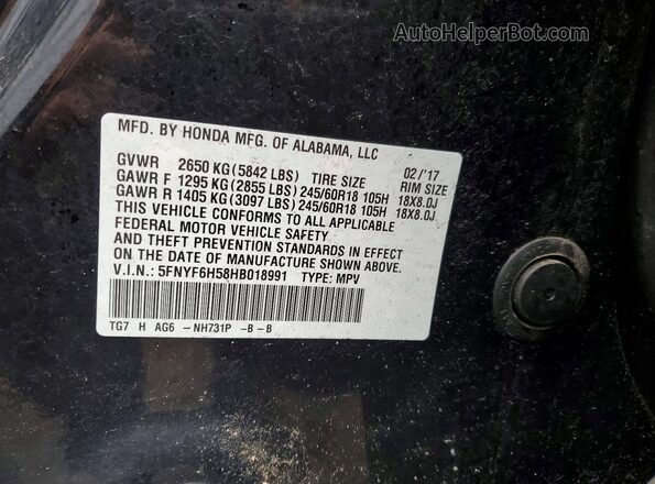 5FNYF6H58HB018991 2017 HONDA PILOT Black 