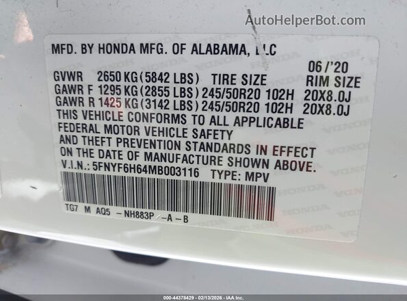 5FNYF6H64MB003116 2021 HONDA PILOT White 