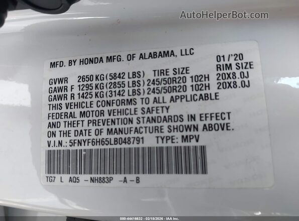 5FNYF6H65LB048791 2020 HONDA PILOT White Engine compartment view