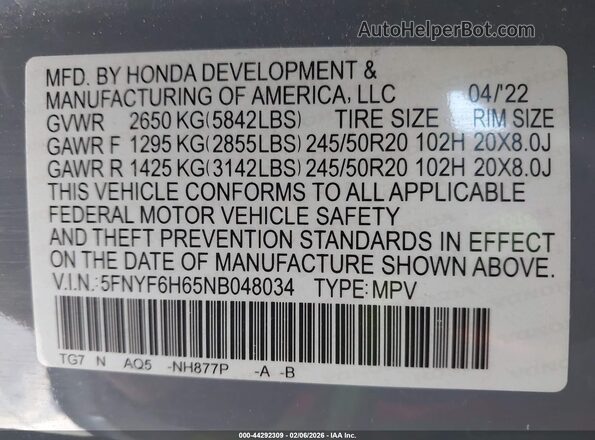 5FNYF6H65NB048034 2022 HONDA PILOT Teal Շարժիչի բաժամունքի տեսք