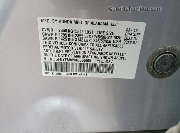 5FNYF6H69KB066600 2019 HONDA PILOT Gray 