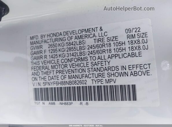 5FNYF6H88NB082602 2022 HONDA PILOT White Engine compartment view
