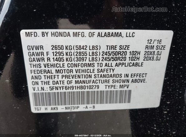 5FNYF6H91HB010279 2017 HONDA PILOT Black Vista del compartimento del motor