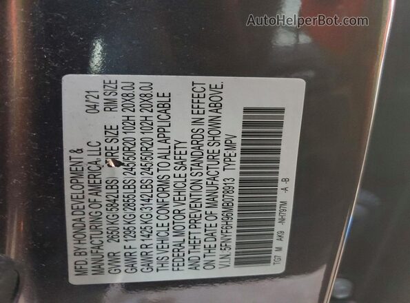 5FNYF6H96MB078913 2021 HONDA PILOT Gray 