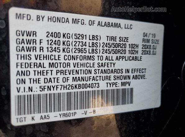 5FNYF7H26KB004073 2019 HONDA PASSPORT Brown 