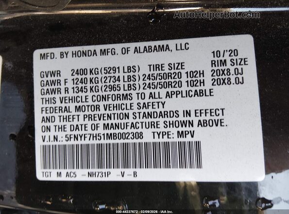 5FNYF7H51MB002308 2021 HONDA PASSPORT Black Вид підкапотного простору