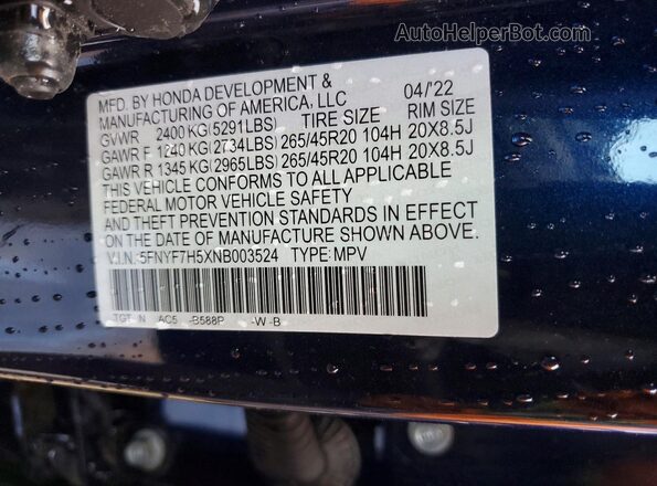 5FNYF7H5XNB003524 2022 HONDA PASSPORT Blue Widok wnętrza 360 stopni