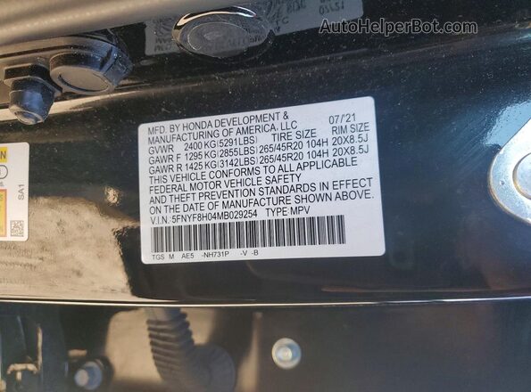 5FNYF8H04MB029254 2021 HONDA PASSPORT Black VIN კოდის სტიკერის ხედი