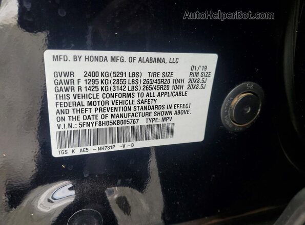 5FNYF8H05KB005767 2019 HONDA PASSPORT Black 