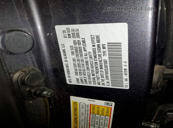 5FNYF8H25LB015007 2020 HONDA PASSPORT Gray Vista de la etiqueta del VIN