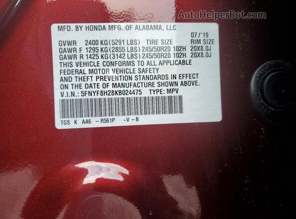 5FNYF8H28KB024475 2019 HONDA PASSPORT Burgundy 