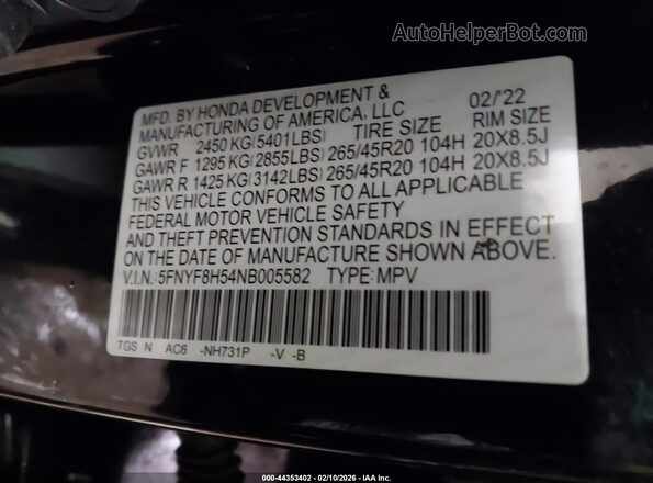 5FNYF8H54NB005582 2022 HONDA PASSPORT Black Vista del compartimento del motor