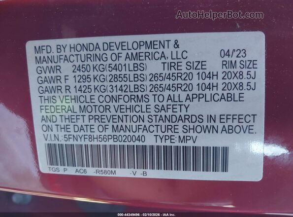 5FNYF8H56PB020040 2023 HONDA PASSPORT Red Engine compartment view