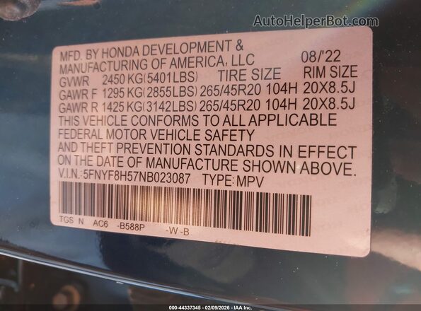 5FNYF8H57NB023087 2022 HONDA PASSPORT Синий 