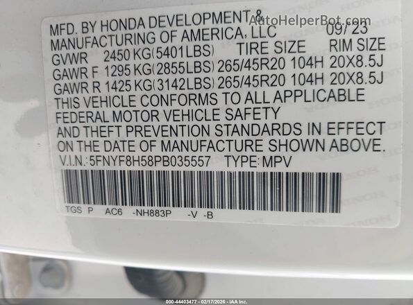 5FNYF8H58PB035557 2023 HONDA PASSPORT White 