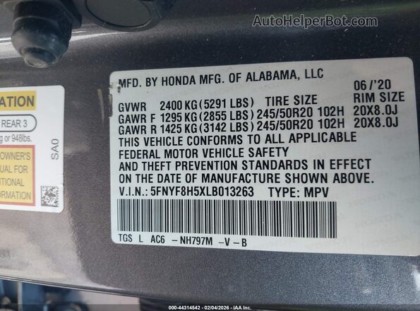 5FNYF8H5XLB013263 2020 HONDA PASSPORT Gray Widok komory silnika
