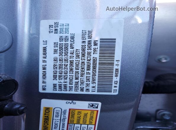 5FNYF8H5XMB009957 2021 HONDA PASSPORT Серебряный 