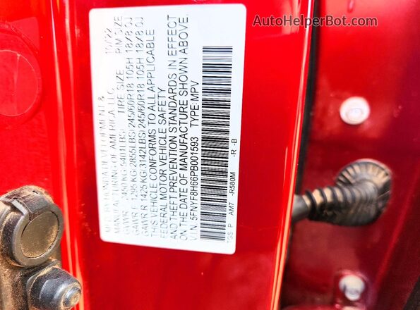 5FNYF8H66PB001593 2023 HONDA PASSPORT Red Widok naklejki z numerem VIN