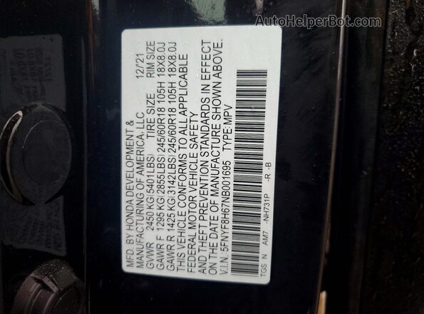 5FNYF8H67NB001695 2022 HONDA PASSPORT Black Widok naklejki z numerem VIN