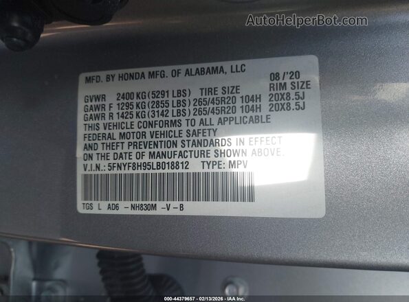 5FNYF8H95LB018812 2020 HONDA PASSPORT Gray Widok komory silnika