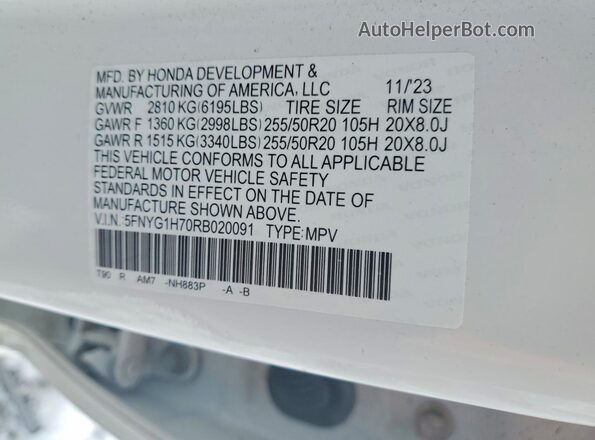 5FNYG1H70RB020091 2024 HONDA PILOT White Widok naklejki z numerem VIN