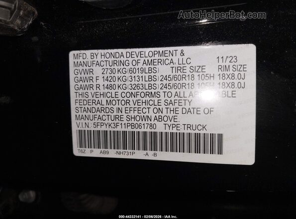 5FPYK3F11PB061780 2023 HONDA RIDGELINE Black Շարժիչի բաժամունքի տեսք