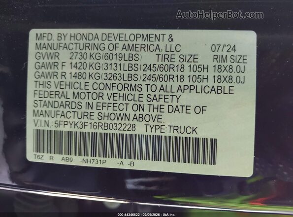 5FPYK3F16RB032228 2024 HONDA RIDGELINE Black ძრავის განყოფილების ხედი