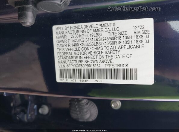 5FPYK3F50PB016154 2023 HONDA RIDGELINE Blue Engine compartment view