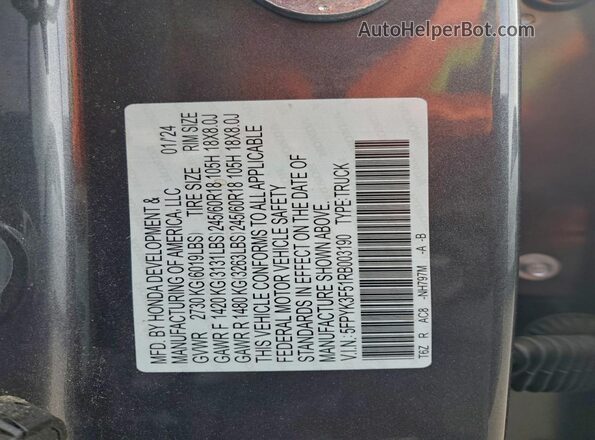 5FPYK3F51RB003190 2024 HONDA RIDGELINE Gray VIN კოდის სტიკერის ხედი