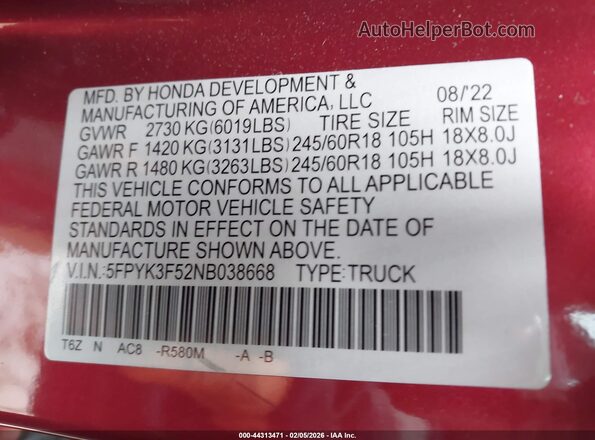 5FPYK3F52NB038668 2022 HONDA RIDGELINE Red Widok komory silnika