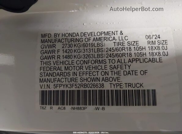 5FPYK3F52RB026638 2024 HONDA RIDGELINE Белый 