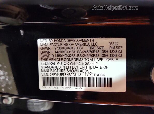 5FPYK3F53NB028148 2022 HONDA RIDGELINE Black Widok komory silnika