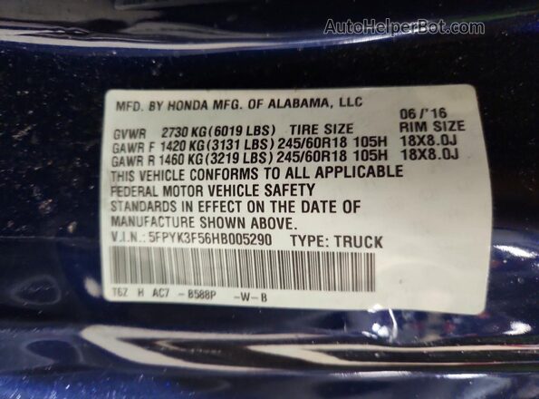 5FPYK3F56HB005290 2017 HONDA RIDGELINE Синий Вид подкапотного пространства
