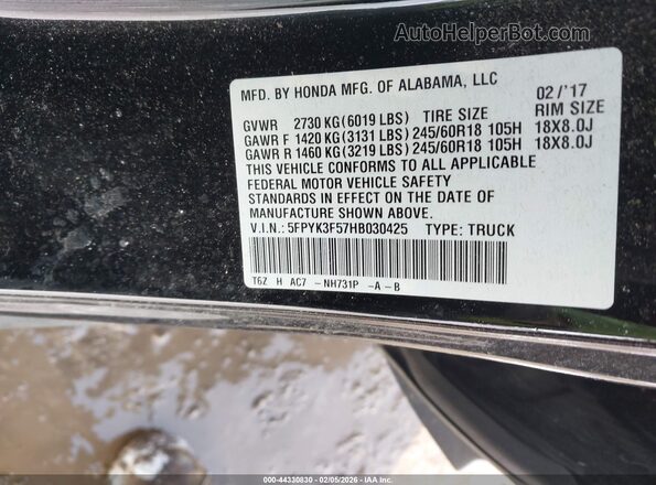 5FPYK3F57HB030425 2017 HONDA RIDGELINE Black Widok komory silnika