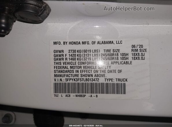 5FPYK3F57LB013472 2020 HONDA RIDGELINE White 