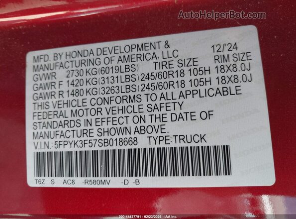 5FPYK3F57SB018668 2025 HONDA RIDGELINE Maroon 