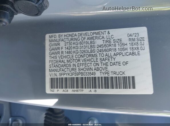 5FPYK3F59PB033549 2023 HONDA RIDGELINE Blue ძრავის განყოფილების ხედი