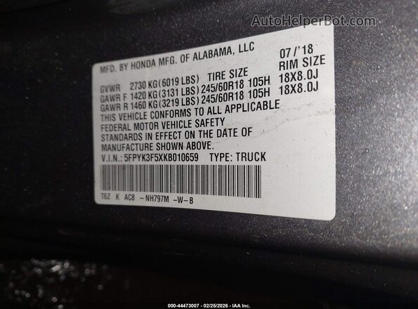 5FPYK3F5XKB010659 2019 HONDA RIDGELINE Gray Vista del compartimento del motor