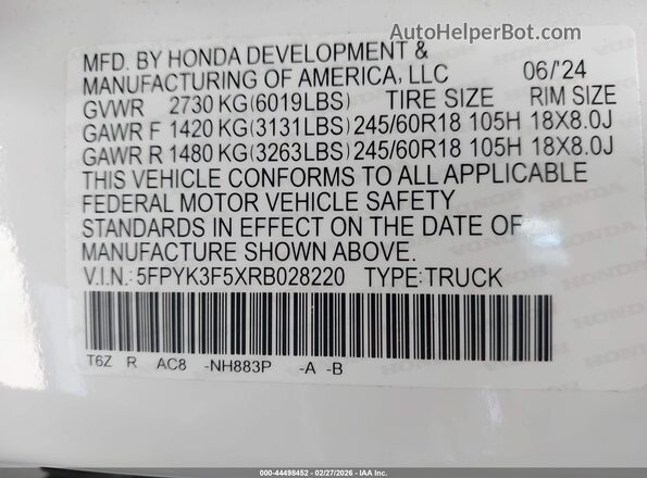 5FPYK3F5XRB028220 2024 HONDA RIDGELINE White Շարժիչի բաժամունքի տեսք