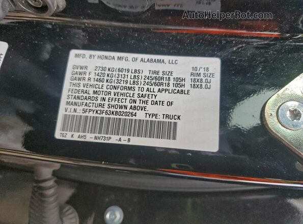 5FPYK3F63KB020264 2019 HONDA RIDGELINE Black 