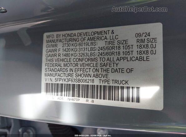 5FPYK3F63SB006218 2025 HONDA RIDGELINE Blue 