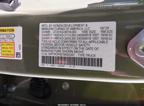 5FPYK3F65TB002267 2026 HONDA RIDGELINE Green Engine compartment view