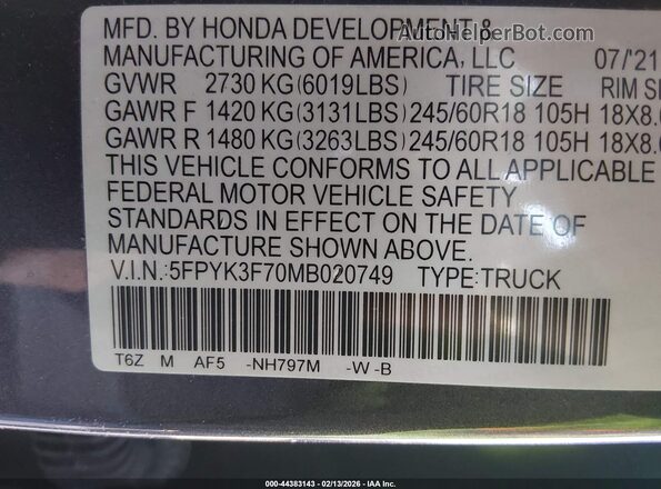 5FPYK3F70MB020749 2021 HONDA RIDGELINE Gray Շարժիչի բաժամունքի տեսք