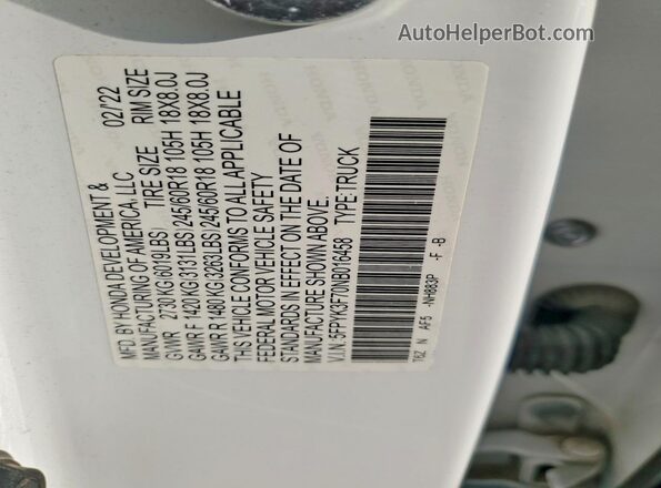 5FPYK3F70NB016458 2022 HONDA RIDGELINE White Widok naklejki z numerem VIN