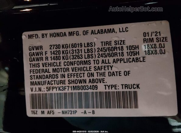 5FPYK3F71MB003409 2021 HONDA RIDGELINE Black 